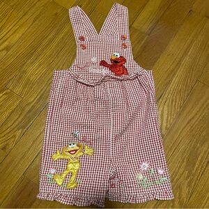 Vintage 2006 Sesame Street Red Gingham Elmo Zoe Romper Bib Overalls Embroidered